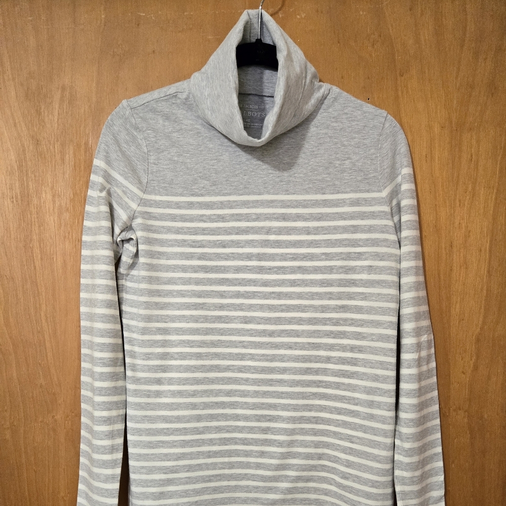 Gray and White Striped Turtleneck Sweater
